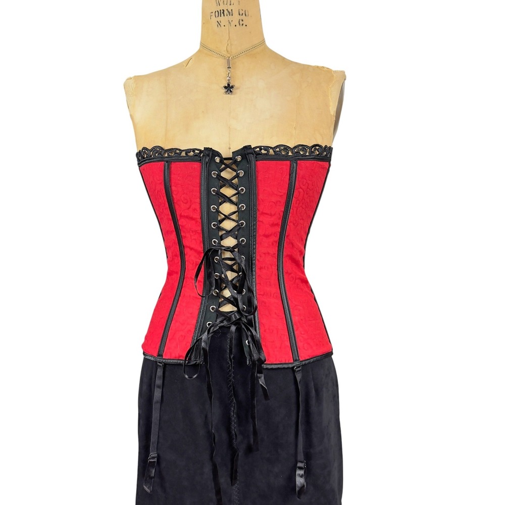 Gothic Lace Up Brocade Corset Overbust Top Victorian Red Dark Romantic Garder